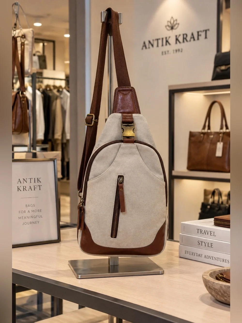 Antik Kraft Samara Canvas Sling Backpack Crossbody Cream Brown